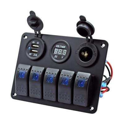 China DC 12V -24V Universal 5 Gang Rocker Switch Automotive Control Panel with 3.1A USB Socket and Voltage Meter for sale