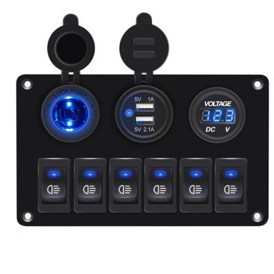 China New DC 24V Car Marine Boat 6 Strip Rocker Switch ON-OFF Panel With With Power Cigarette Lighter LED Light for sale