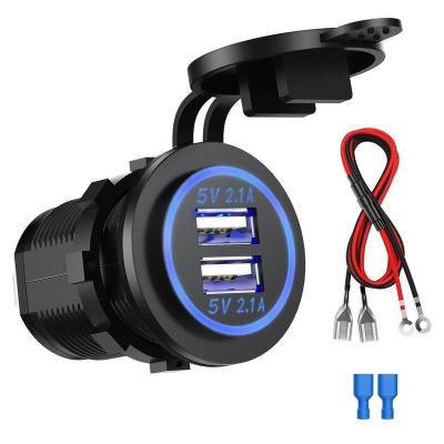 China Dual USB Charging Ports With Wires DC 12V 24V Dual Port 4.2a USB Car Charger With Cable For Car Boat RV Marine Motorcycle for sale