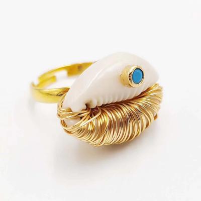 China FASHION/HANDMADE LS-A2196 Luxury 18k Gold Plating CZ Ring Wire Wrapped Adjustable Size Shell Charm Ring for sale