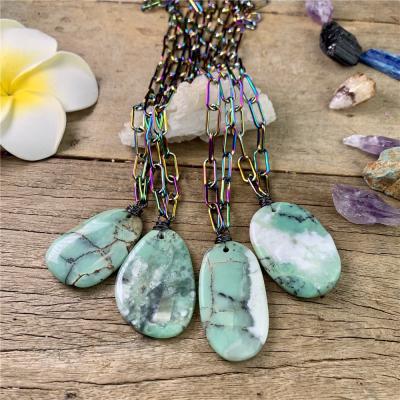 China BOHEMIA LS-B1965 Rainbow Color Chain Necklace Women Natural Raw Stone Men's Chrysoprase Stone Jewelry for sale