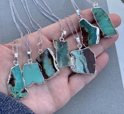 China BOHEMIA LS-A2601 Silver Chrysoprase Chain Necklace Raw Stone Dangle Natural Gemstone Chain Necklace for sale