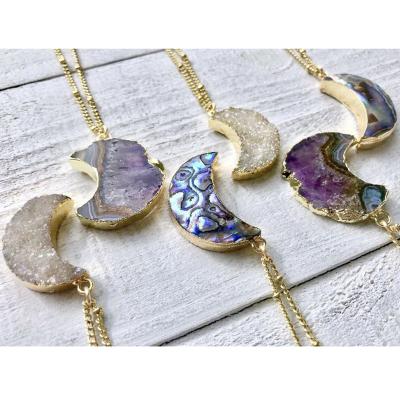 China LS-A2462 BOHEMIA moon crystal necklace for women, crescent moon druzy abalone druzy stone chain necklace for sale