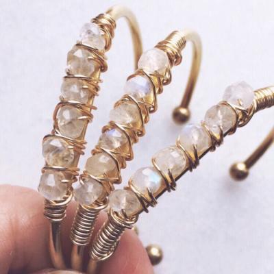 China LS-A2518 BOHEMIA Gold Stone Crystal Jewelry Moonstone Sunstone Colorful Wire Wrapped Bangles Bracelet for sale