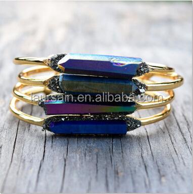 China BOHEMIA aura quartz crystal LS-H344 natural point18k gold eco plating handmade cheap jewelry bangle bracelet for sale