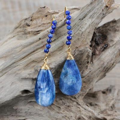 China LS-D1303 BOHEMIA Natural Blue Kyanite Dangle Earring With Lazulite Beads Wire Covered Earring for sale