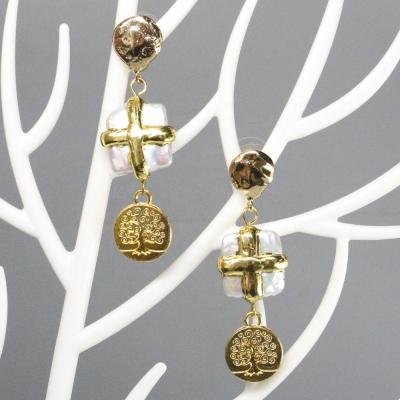 China LS-D734 PEARL Fashion Gold Plated Freshwater Pearl Earring With Tree Of Life Pendant for sale