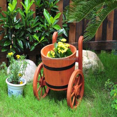 China Rustic Country Wooden Cart Flower 2 Wheels Barrel Planter Not Coated for sale