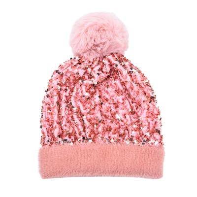 China Fashion Winter Beanie Hat Ear Warm Knitted COMMON Sequin Hat , Furry Ball Knitted Beanie Hats for sale