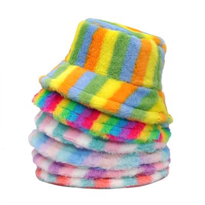 China Character Autumn Winter Faux Fur Rainbow Striped Lady Fluffy Panama Hats Thick Warm Velvet Outdoor Fisherman Hats Women Bucket Hats for sale