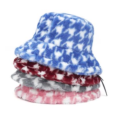 China Character 2021 Panama Men Women Warm Hat Cat Letter Rainbow Houndstooth Bucket Fisherman Fur Bucket Hats Winter Fashion Fluffy Hat for sale