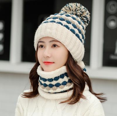 China Autumn Winter Women Hat Plush COMMON Knitted Warm Winter Hearing Protection Windproof Hat With Scarf for sale