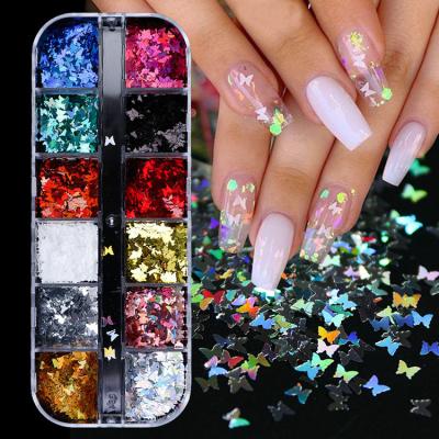 China Metal 3D Butterfly Nail Glitter Glitter Laser Butterfly Nail Art Supplies 12 Colors Holographic Nail Art Sticker Manicure Tips Flakes for sale