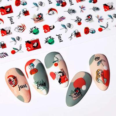 China Nail Art Stickers, Lady Face Rose Leaf Metal Graffiti Fun Self Adhesive Abstract Tips Nail Design Manicure 3D Nail Decals for sale