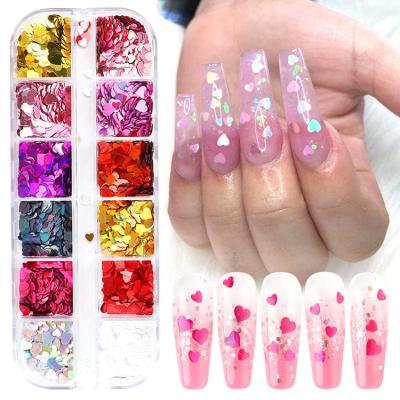 China Mixed Supplies Heart Nail Art Laser Stickers Glitter Decals Metal Size 3D Heart Nail Sequins Glitter Nail Flakes for sale