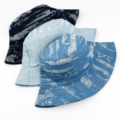 China Wholesale Fisherman Designed Woman Custom Logo Design Bulk Cotton Embroidery Picture Distressed Vintage Jean Washed Denim Bucket Hat for sale