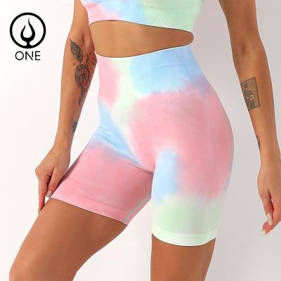 China OEM Breathable Tie Dye Seamless Sexy Fitness Shorts Control High Butt Tummy Waist Yoga Shorts Fashionable Colorful Lifting Activewear for sale