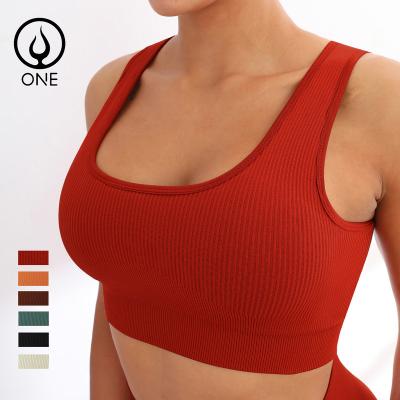 China Breathable Ribbed Sleeveless U Neck Sports Bras With Removable Pads Sexy Workout Crop Tank Tops In Solid Colors for sale