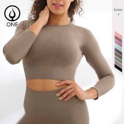 China Breathable Womens Ribbed Long Sleeve Crop Top Seamless Workout Top In Solid Color for sale