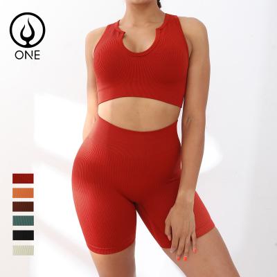 China Breathable 2-Piece Ribbed Yoga Sets V-Neck Sleeveless Crop Tops With Removable Pads And Seamless Booty Shorts Crac! crack! in solid colors for sale