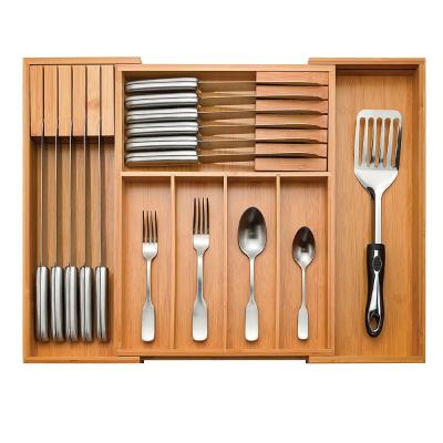 China Sustainable Adjustable Cutlery Tray Storage Organizer With 2 Removable Knife Blocks Silverware Drawer Bamboo Wood Customized for sale