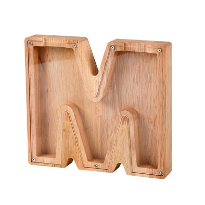 China Wood Personalized Diy Name Wooden English Letter M Shaped Piggy Bank Piggy Bank for sale