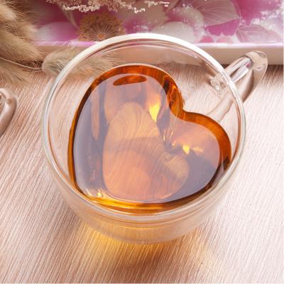 China 180ml 240ml Double Wall Glass Viable Coffee Mugs Transparent Heart Shaped Milk Tea Cups With Handle Romantic Gifts for sale