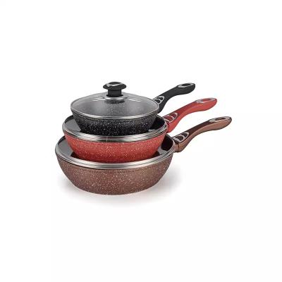 China Durable Outdoor Camping Cookware OEM Aluminum Forged Non Stick Deep Frying Pan Wok Pan With Soft Touch Wood Handle for sale