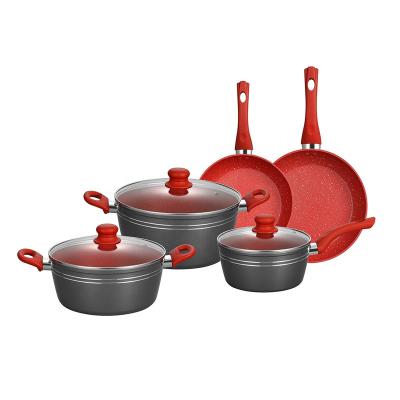 China Macedo Sustainable Red Stick Non With White Marble Classic Cookware Sets Suitable For All Hobs for sale