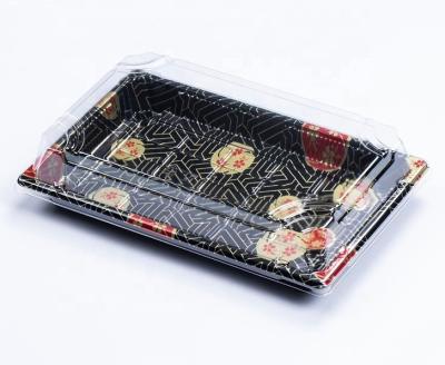 China Low Cost Wooden Grain Custom Sushi Food Plastic Tray Rectangular for sale