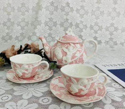 China Sustainable European vintage embossed angel design with handpainting colorful ceramic coffee cup saucer tea set for sale