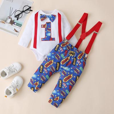 China Two-piece Baby Print Romper Round Neck Suspenders Casual Digital Long Sleeve Romper Pants for sale