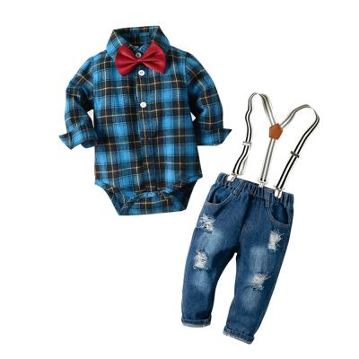 China Bow Tie Border Boy Hole Denim Bib Casual Siamese Rising Suit Gentleman Bow Tie Romper Autumn Suit for sale