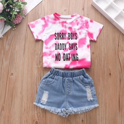 China 2021 Summer New Products Casual Girls Tie Dye T-shirt Pants Two-piece Baby Ripped Jeans Suit for sale