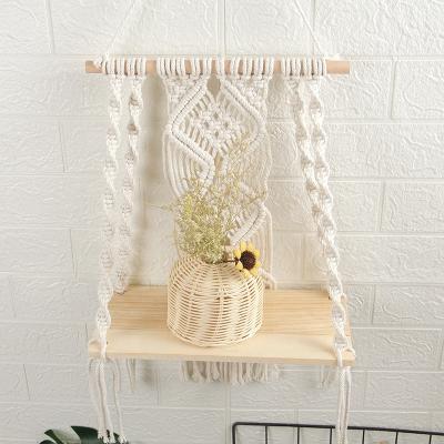 China Traditional Handmade Boho Macrame Wall Hanging Shelf Indoor Plant Hanger Rack for sale