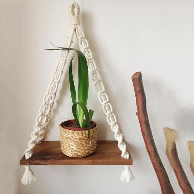 China Traditional BOHO Wall Art Macrame Wall Hanging Shelf Dark Wood for sale