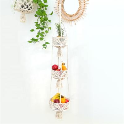 China 46 Inches Sustainable 3 Tier Beige Macrame Hanging Fruit Basket For Kitchen Vegetable Organization for sale