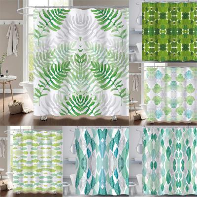 China Sustainable Tropical Palm Cactus Leaf Green Plant Polyester Bathroom Waterproof Shower Curtain With Hooks for sale