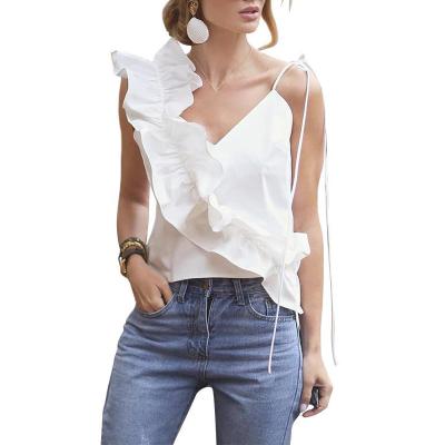 China Anti-wrinkle summer styles new European and American women's casual shirts with ruffles tank top blouse in solid colors à venda