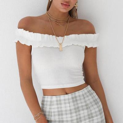 China Anti-wrinkle tops T-shirt women's fashion slash neck bare midriff T-shirt crop summer ladies short tops Te koop