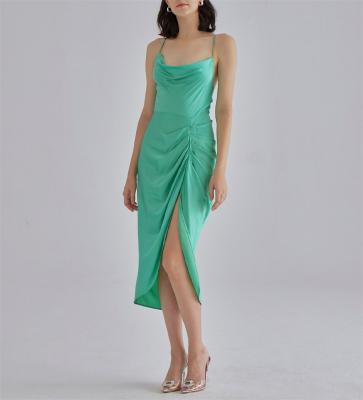 China 2022 Custom Logo Summer Sexy Slit Draped Dress Green Backless Halter Midi Anti-Static Silk Dresses for sale