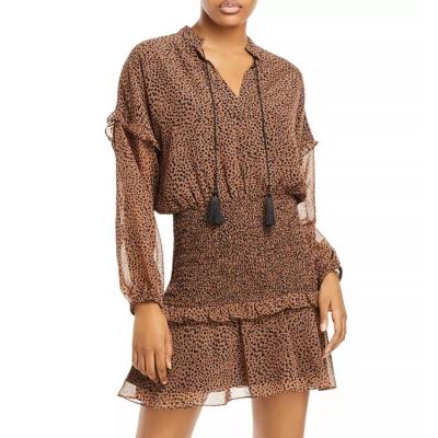 China Anti-static Chiffon Short Dress Leopard Women Dresses Long Sleeve 2021 Ruffles Even Elegant Casual Dresses for sale