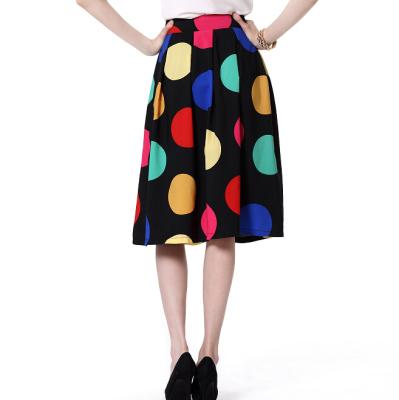 China Large Round Dot Print Black Botton Knee Length Crepe Viable Skirt With Chain zu verkaufen