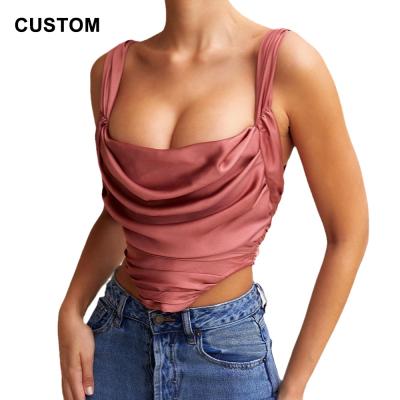 China Breathable Custom Summer Draped Corset Satin Cowl Neck Ruched Low Cut Nightclub Bustier Tank Top Striping Crop Rubber Dated Top for sale