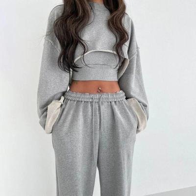 China Anti-pilling Sexy Women Tracksuit Gray 3 Piece High Waist Sweatpants And Long Sleeve Crop Top Set Oversized Sweatsuits For Women for sale