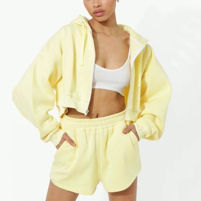 China Custom Cotton&Polyester Anti-pilling Yellow Two Piece Crop Top Zip Up Hoodies&Shorts Sweatsuit Sets Women for sale