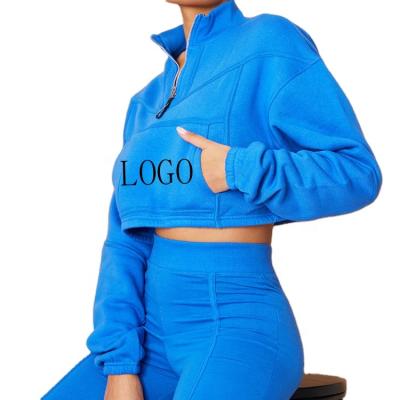 China New Fashion Ladies Tracksuits Zipper Band Breathable Bright Blue Funnel Neck Oversized Women Crop Top Tracksuit Te koop