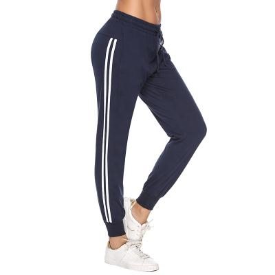 China Anti-Wrinkle Stripe Sports Drawstring Elastic Joggers High Waist Women Sweatpants With Side Pocket for sale