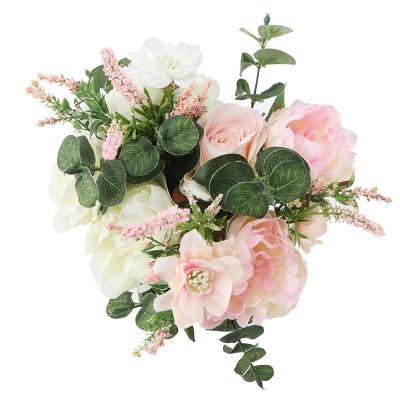 China Artificial Pink Touch Rose And Natural White Flower Bouquet For Wedding Decor for sale