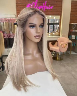 China Hairline Pulled Ash Blonde Highlight Color Natural Full Virgin Body Wave Hair Silky Straight Double Lace Front Wigs Full Hair Super for sale